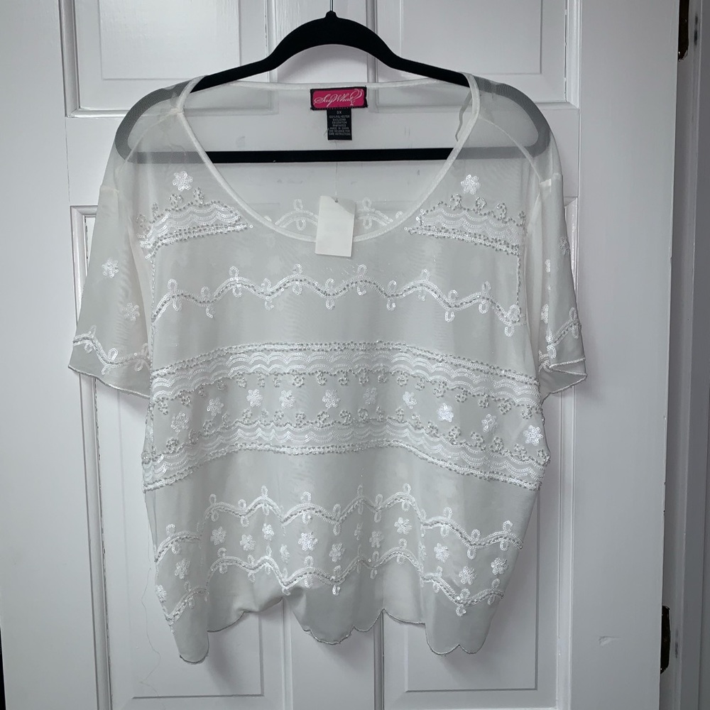 SAY WHAT? White Sequined Sheer Top